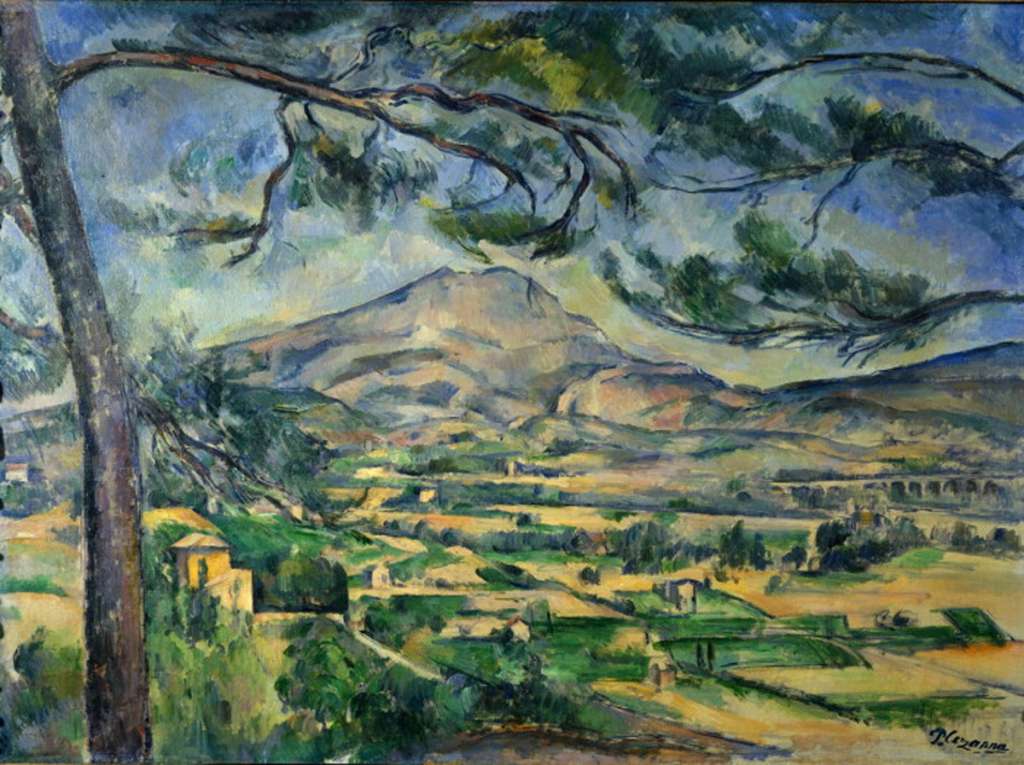 Courtauld 05 Paul Cezanne - The Montagne Saint-Victoire 5. Paul Cezanne - Montagne Sainte-Victoire, 1887, 67 x 92 cm. The mountain is seen from a vantage point to the west of Aix, near Czannes family home, with the valley of the Arc in the foreground and an aqueduct to the far right. The mountain oscillates in the afternoon heat, its rock faces registering as planes of blue and gold. In the foreground are square slices of houses and floating green fields.